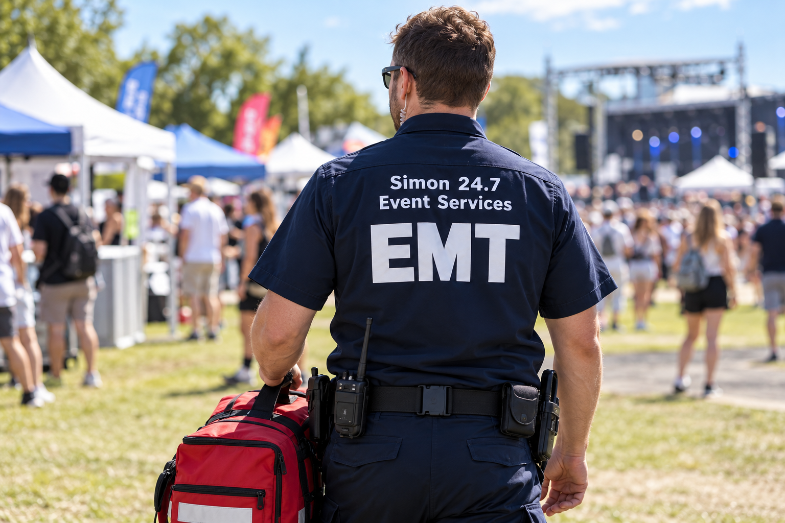 Illustration of an event EMT wearing a Simon 24.7 Event Services shirt