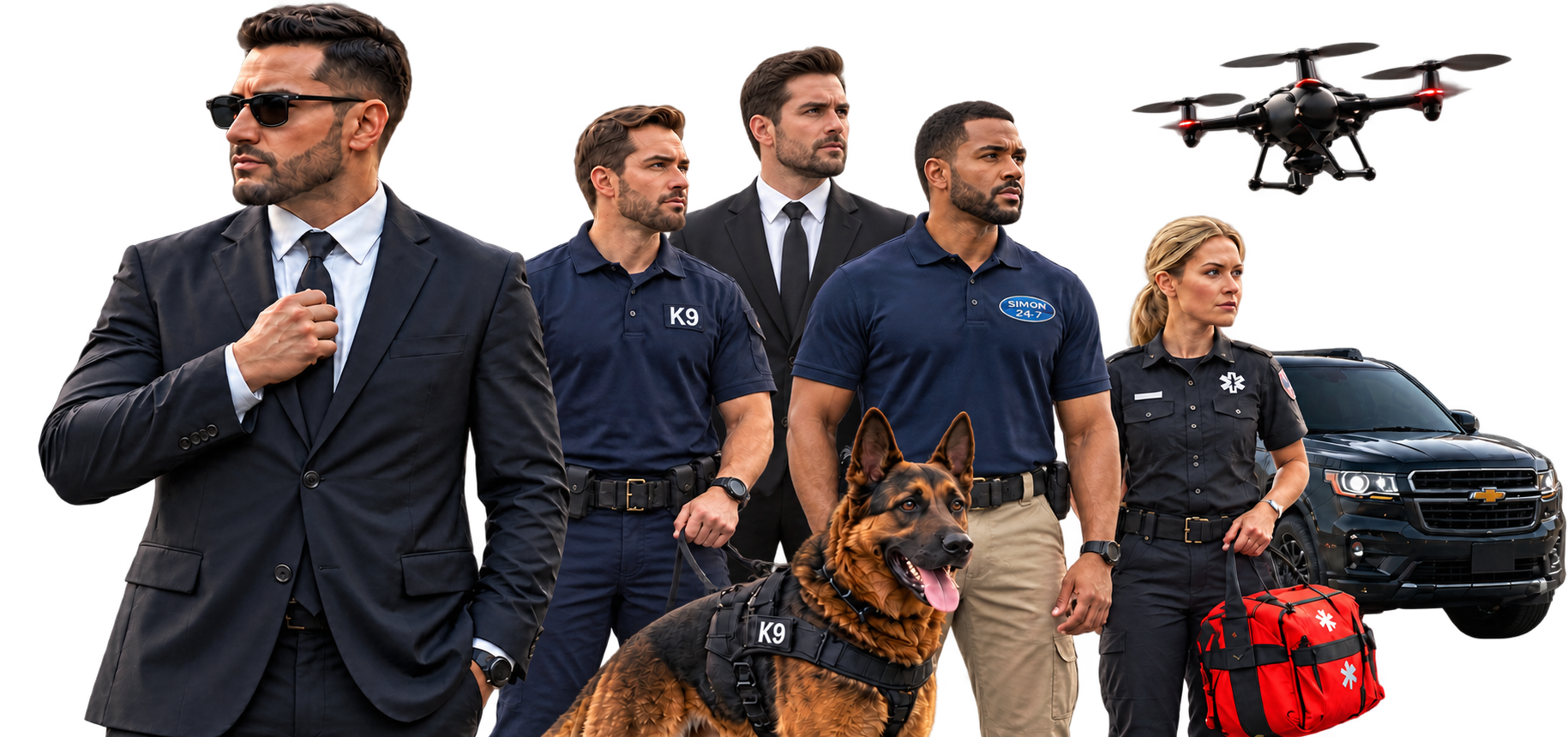 Illustration of Simon 24.7 event services: security agents, K9 handler and dog, EMT, VIP transportation and drone support.